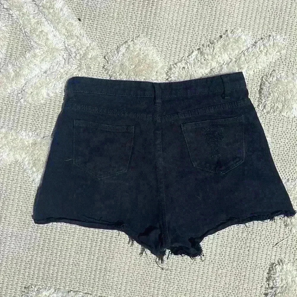 High Waist Ripped Frayed Black Denim Shorts - Picture 3 of 6